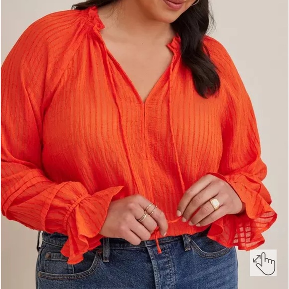 Torrid Vibrant Orange Boho Peasant Top with Ruffle Balloon Sleeves - Picture 1 of 5